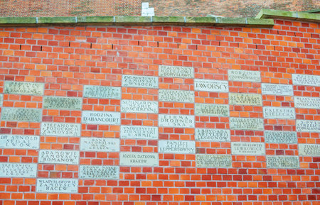 Krakow / Poland-August 14, 2017: Wawel Royal Castle, gratitude tablets with names of benefactors, who is supported by the renovation and restoring of Wawelのeditorial素材
