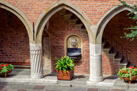Krakow / Poland-August 15, 2017: dry water fountain with mascaron at Collegium Maius Museum of the Jagiellonian University courtyardのeditorial素材