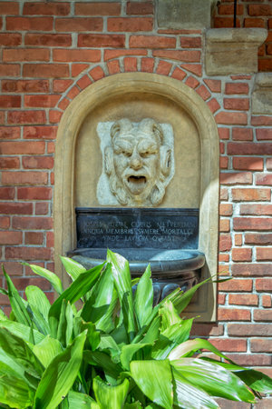 Krakow / Poland-August 15, 2017: dry water fountain with mascaron at Collegium Maius Museum of the Jagiellonian University courtyardのeditorial素材