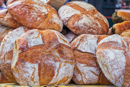 Traditional rustic homemade bread on a street stand