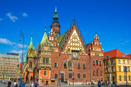 Wroclaw / Poland - August 17, 2017: Market Square - view of beautiful gothic old Town Hall with...