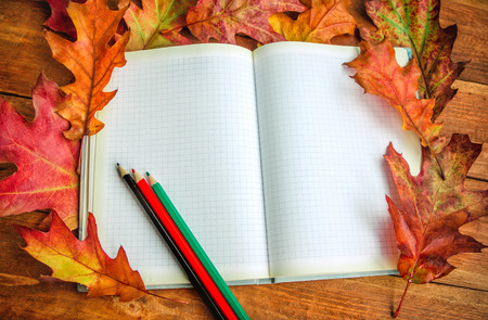 Empty notebook with red, brown, golden and green autumn oak leaves and colorful pencils on a wooden backgroundの写真素材