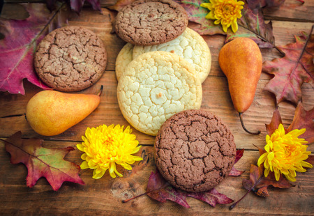 Autumn breakfast or snack. Homemade pastry - milk and chocolate flavor biscuits, ripe pears, yellow chrysanthemum flowers and dry oak leaves on a wooden table.の写真素材