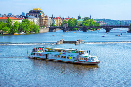 Prague / Czech Republic- May 4, 2018: spring aerial cityscape with river treesのeditorial素材