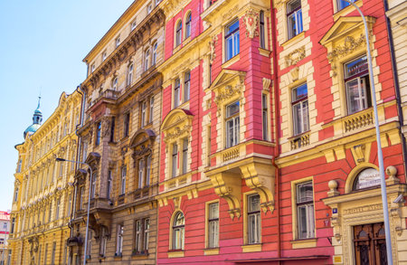 Prague / Czech Republic- May 5, 2018 - spring cityscape with beautiful ornate, colorful historic buildings. Historic urban architectureのeditorial素材