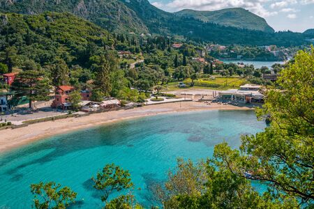 Beautiful landscape with rocks, trees and rocks. Corfu Island, Greece.の写真素材