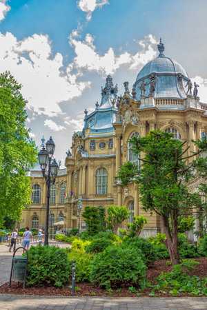 Budapest / Hungary- May 8, 2018: part view of Vajdahunyad Castle, built for Millennial Exhibition, displaying different architectural styles and now housing the biggest European Agricultural Museum.のeditorial素材
