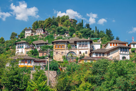 Gjirokaster town / Albania - August 2, 2020 - traditional white houses with stone gray roofs on the hill. Summer landscape with lush foliage and blue sky.のeditorial素材