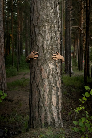 Female hands hug the trunk of a pine tree in a dark forest at sunset. Environmental protection concept, love for nature. Harmony with natureの写真素材