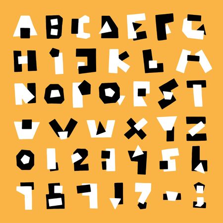 Fun black and white alphabet made in the style of a Collage. Handwritten letters for banners, posters and other. Vector illustration on a contrasting yellow background.のイラスト素材