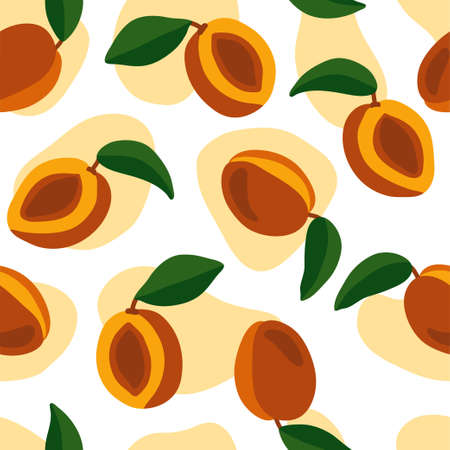 Hand-drawn seamless pattern with peaches. Juicy orange fruits on a transparent background. Bright and stylish illustration for packaging, cards, digital design.のイラスト素材