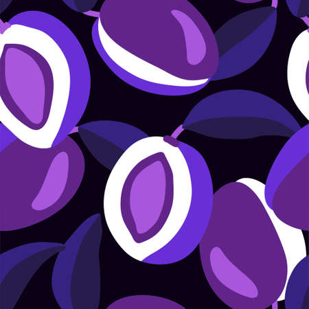 Seamless pattern with juicy purple plums. Bright and tasty fruits. Blue plums with leaves. Background for cards, packaging, design.のイラスト素材