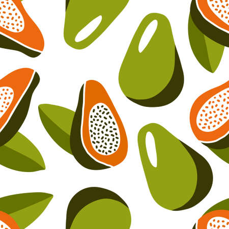 Organic Tasty Papaya. Seamless repeating pattern. Bright colors - orange and green. Whole and sliced fruits. Succulent leaves.のイラスト素材