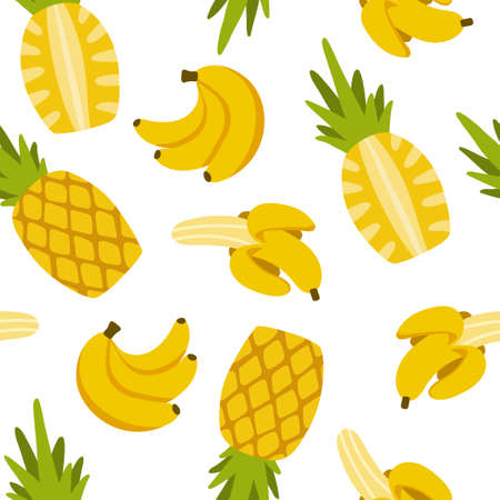 Beautiful pattern of fruits in a modern style. Exotic tasty and juicy fruits. Summer background.のイラスト素材