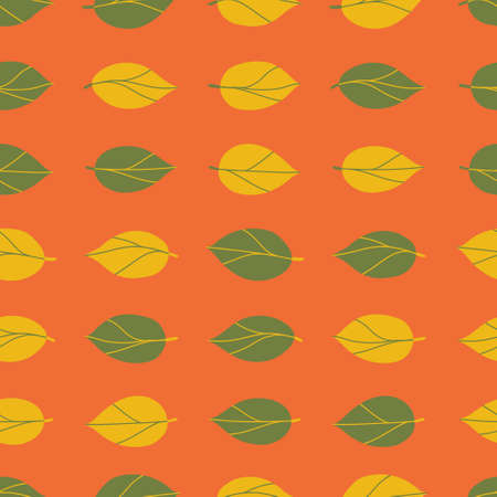 Stylish autumn background. Orange seamless pattern. Green and yellow leaves. A repeating pattern. Simple vector illustration in flat style.のイラスト素材