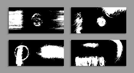 White torn ink stains on a black background. Unusual art business cards. A set of handmade templates for design. Abstract ink blots. Horizontal banners, business cards. Modern vector illustration.のイラスト素材