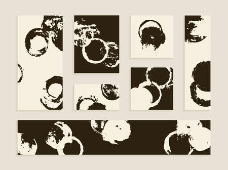 Blot circles on white and black background. A set of handmade templates for design. Abstract ink blots. Business cards, horizontal and vertical brochures, banners.のイラスト素材