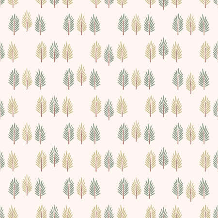 Simple vector seamless pattern. Christmas pattern for fabric, postcard, banner, wrapping paper. Green and yellow spruce branches on a beige background. Rhythmic vector ornament.のイラスト素材