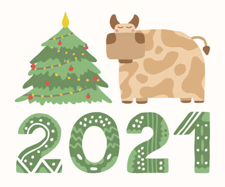 Cute Xmas card. Brown bull, Christmas tree, inscription 2021. Simple illustration in flat style. New Year postcard for banner and print.のイラスト素材