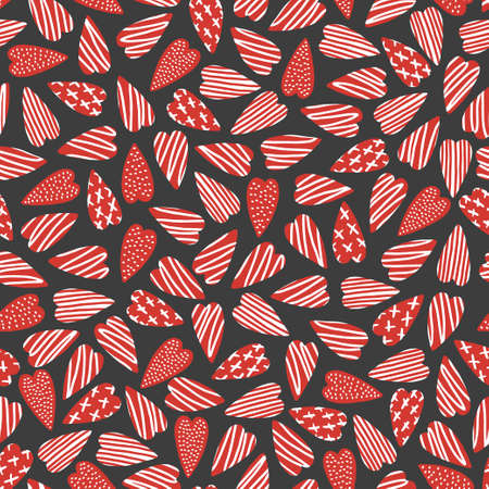 Abstract seamless pattern for Valentines day. Red hearts on a gray background. Cute hand-drawn simple illustration. Ornament for wrapping paper banner, postcard. Vector illustration about love.のイラスト素材