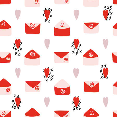 Abstract seamless pattern for Valentines day. Red and pink letters and hearts. Cute hand-drawn simple illustration. Ornament for wrapping paper banner, postcard. Vector illustration about love.のイラスト素材