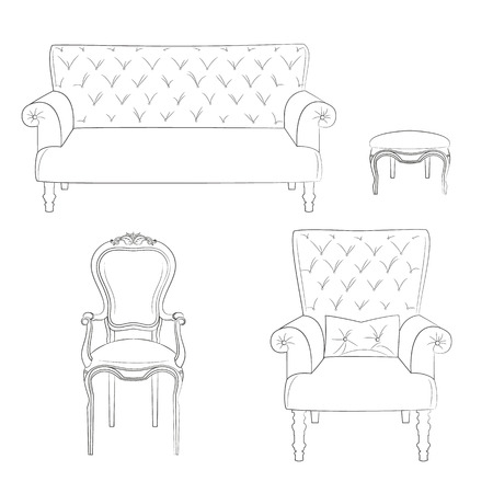 Sketch of a set of upholstered furniture - sofa, stool, chair and armchair. Vector illustration.のイラスト素材