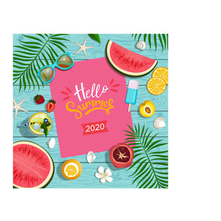 bright summer background with tropical leaves and fruitsのイラスト素材