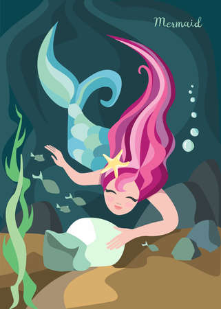 Cute little mermaid with pink hair on colorful sea background. Template for design cards, notebook, kids poster. Cartoon vector illustrationのイラスト素材