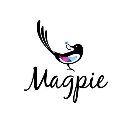 Magpie bird logo with diamond ring in its beak. For branding jewelry store, wedding, kids card. Vector illustrationのイラスト素材