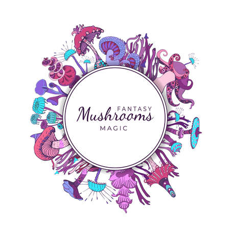 Fantasy decorative round frame with magic mushrooms of various shape on white background. Beautiful magic landscape, hand drawn concept. Vector illustrationのイラスト素材