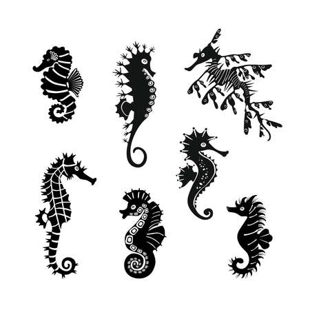 Set cute seahorses icons. Black seahorses with different silhouette on white background. For festive card, logo, children, pattern, tattoo, decorative, creative concept. Vector illustration.のイラスト素材