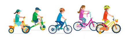Set of flat happy kids on bicycles. Child riding colorful bike on white background. Girl and boy kids outdoor bike sport. Vector illustration.のイラスト素材
