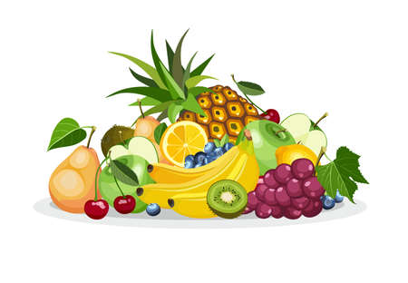 Summer healthy fruit food cartoon icons. Bright beautiful banner with colorful different fruits. Vector illustrationのイラスト素材