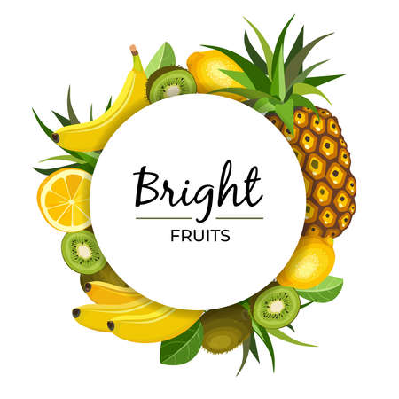 Fruits circle frame with text Bright fruits. Round poster with exotic organic fruits whole and cut into slices kiwi, lemon, pineapple, banana. Vector illustration.のイラスト素材
