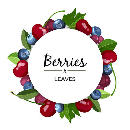 Fruits circle frame with text Berries. Round poster with organic different berries. Vector illustration.のイラスト素材