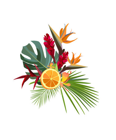 Tropical summer fruit bouquet with orange, palm monstera leaves and exotic flowers. Vector illustration.のイラスト素材