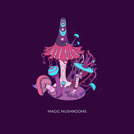 Fantasy decorative background with magic mushrooms of various shape on dark background. Beautiful magic landscape, hand drawn concept. Vector illustrationのイラスト素材
