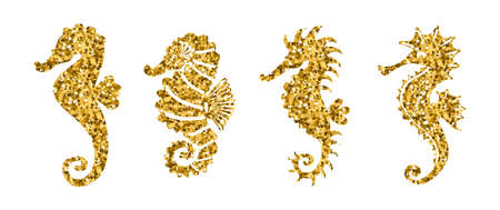 Set gold glitter cute seahorses. Beautiful spring, summer golden sequins silhouettes on white background. Icons different shapes wings and tails, for fashion, ornaments, tattoo. Vector illustration.のイラスト素材