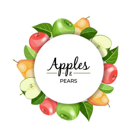 Fruits circle frame with text Apples and pears. Round poster with organic fruits whole and cut into slices. Vector illustration.のイラスト素材