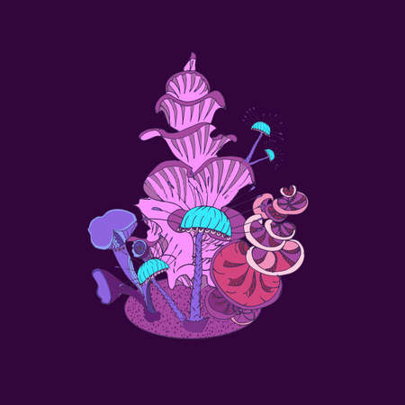 Fantasy decorative background with magic mushrooms of various shape on dark background. Beautiful magic landscape, hand drawn concept. Vector illustration.のイラスト素材
