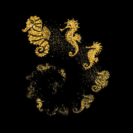 Golden glitter seahorses swim in spiral on black background. Beautiful gold silhouettes with different shapes. For invitation, fashion, decorative abstract design elements. Vector illustration.のイラスト素材