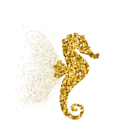 Seahorse golden glitter icon with glitter glow. Beautiful summer golden silhouette on white. For wedding, fashion, ornaments, tattoo, luxury decorative design elements. Vector illustration.のイラスト素材