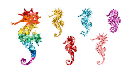 Set of colorful glittering seahorses. Icons with rainbow colors glitter sequins on white for Valentine day, kids design, wedding invitation, branding, logo, label, LGBT symbol. Vector illustrationのイラスト素材