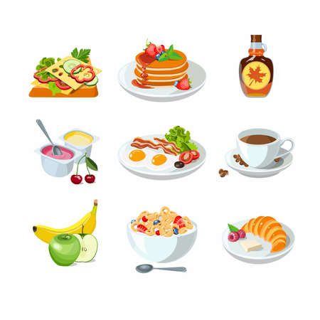 Classic hotel breakfast set with pancakes, toast and croissant, coffee and corn flakes. Menu poster with fried egg, bacon, yogurt and fruit. Brunch healthy start day options food. Vector illustrationのイラスト素材
