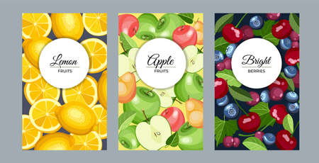 Fruit vertical banners. Set lemon, apple and berries design for sweets and pastries filled. Vector illustrationのイラスト素材