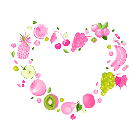 Pink fruits heart frame. Creative poster with exotic organic fruits whole and cut into slices for Valentines day, wedding, kids, banner, T-short print. Vector illustration.のイラスト素材