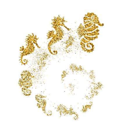 Golden glitter seahorses swim in spiral on white background. Beautiful gold silhouettes with different shapes. For invitation, fashion, decorative abstract design elements. Vector illustration.のイラスト素材
