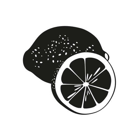 Summer citrus fruits for health silhouette. Black lemon fruit icon whole and cut into slice on white background. Cartoon flat vector illustration.のイラスト素材