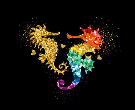 Rainbow and gold colors glittering seahorses with hearts and glitter glow. Beautiful colorful silhouettes on black for Valentines day, wedding, kids, label, banner, LGBT symbol. Vector illustration.のイラスト素材