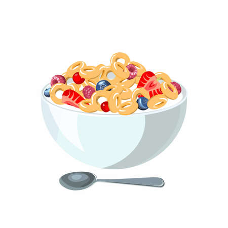 Corn flakes with milk for classic hotel breakfast. Brunch healthy start day options food. Vector illustration.のイラスト素材